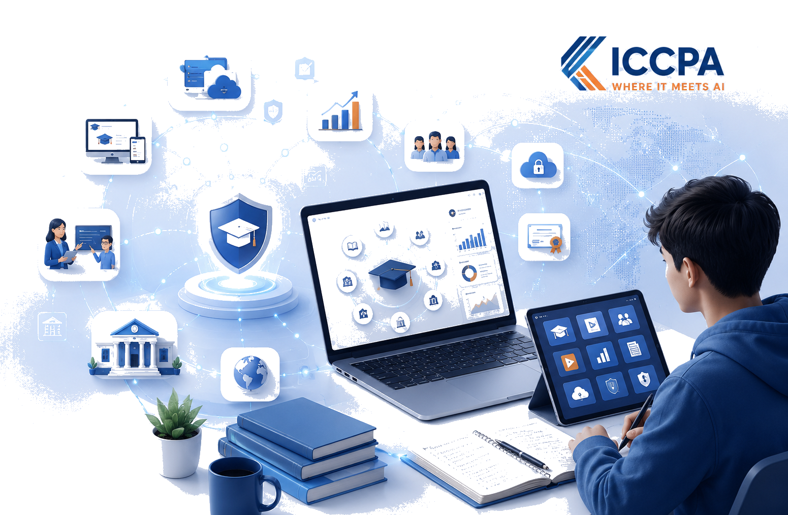 Futuristic education technology ecosystem connecting learning, analytics, and digital platforms